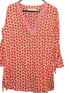 Rockflowerpaper Women's Red & Pink Printed V-Neck Tunic S 100% Cotton